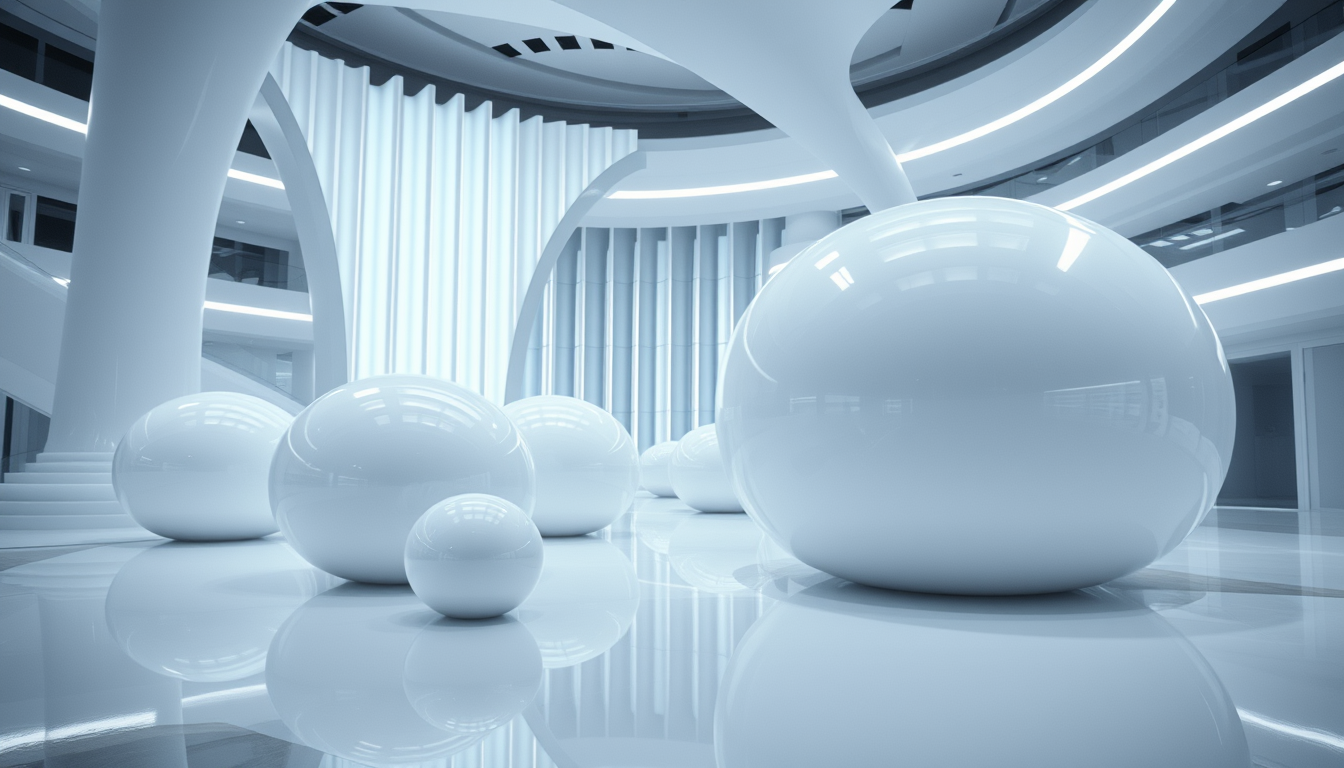 A futuristic and abstract architectural space lit with cool white lights and filled with several reflective, glossy white objects that resemble large, smooth capsules. These objects are positioned on a sleek, shiny floor that reflects their surfaces. In the background, there are large, white, vertically curved structural elements that are part of a modern architectural space. Enormous shiny white bubbles with reflective surfaces float lower here, close enough to interact with. - Image