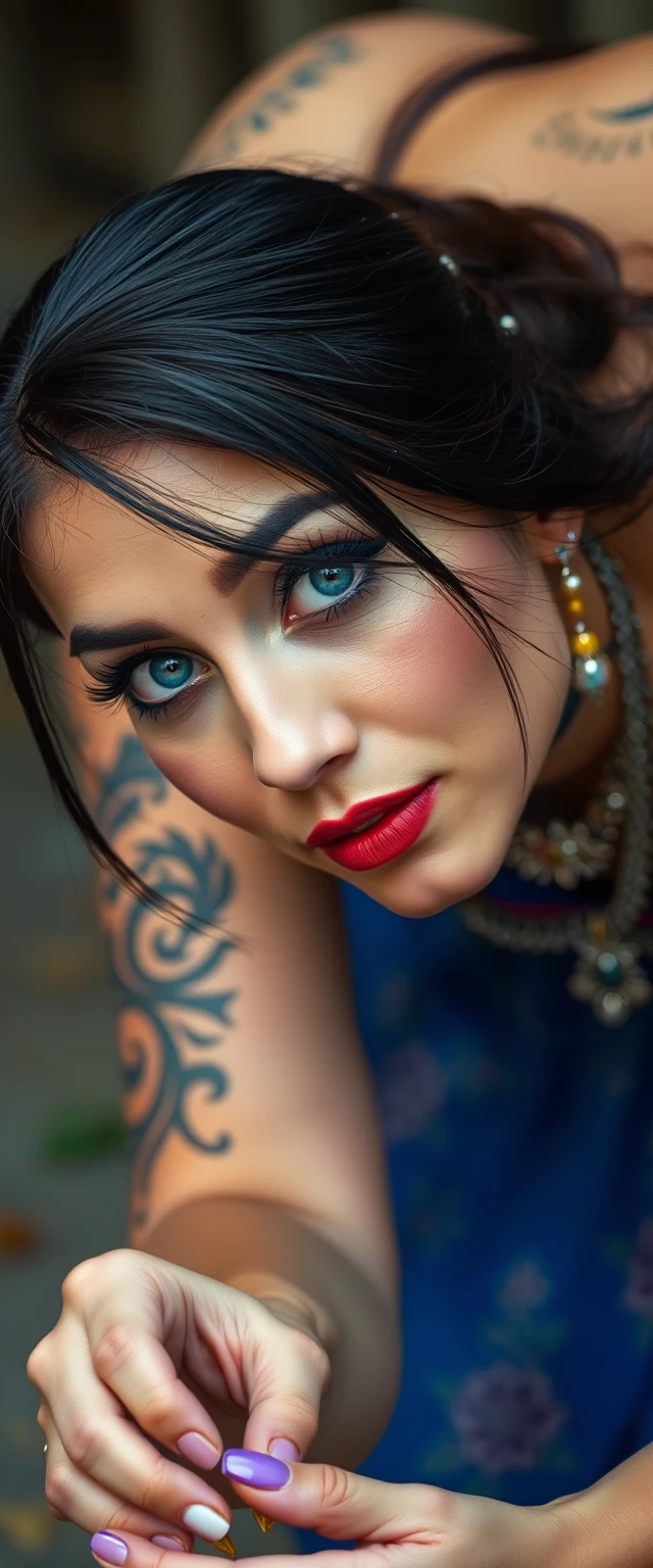 Close-up view of a white-skinned Indian-Korean belly dancer woman with beautiful facial features and blue eyes, tattooed, picking something from the ground while bending and staring above. - Image