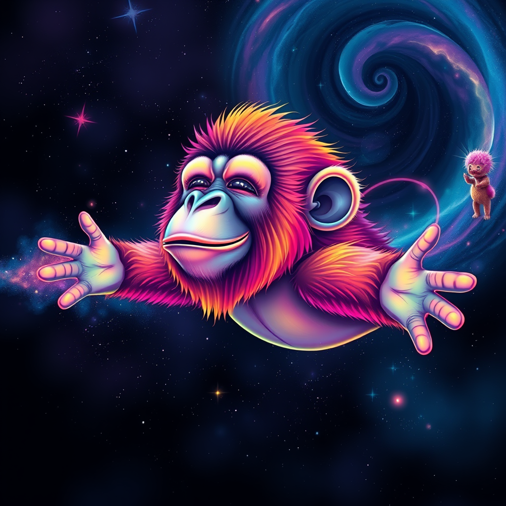 A captivating digital painting of a happy ape soaring through a dreamy, cosmic landscape. The ape sports a vibrant rainbow color palette, with flashes of color interspersed throughout the scene. The background features a starry cosmos with swirling galaxies and nebulas. The ape's eyes are closed, exuding a serene expression, while its serene smile is a testament to its peaceful state. The glitchy edges, fading to black, add a unique and striking touch to the design. The subtle acid rainbow cubic glitch effect adds depth and visual intrigue to this mesmerizing, dreamy tee shirt design. - Image