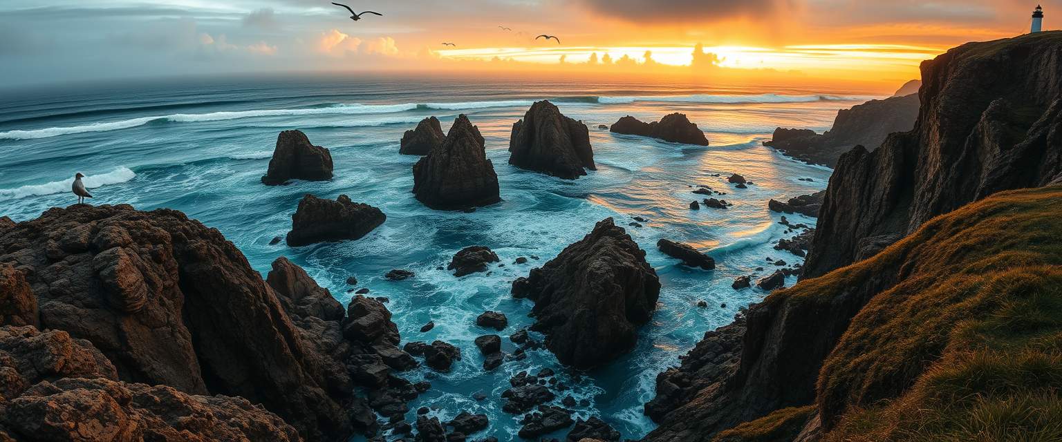 Awe-inspiring, rugged coastline, rocky cliffs, crashing waves, high quality, photorealistic, dramatic, wild, seagulls, stormy, panoramic, breathtaking tide pools, sea stacks, hidden caves, coastal hiking trails, lighthouse, mist, vibrant sunset.