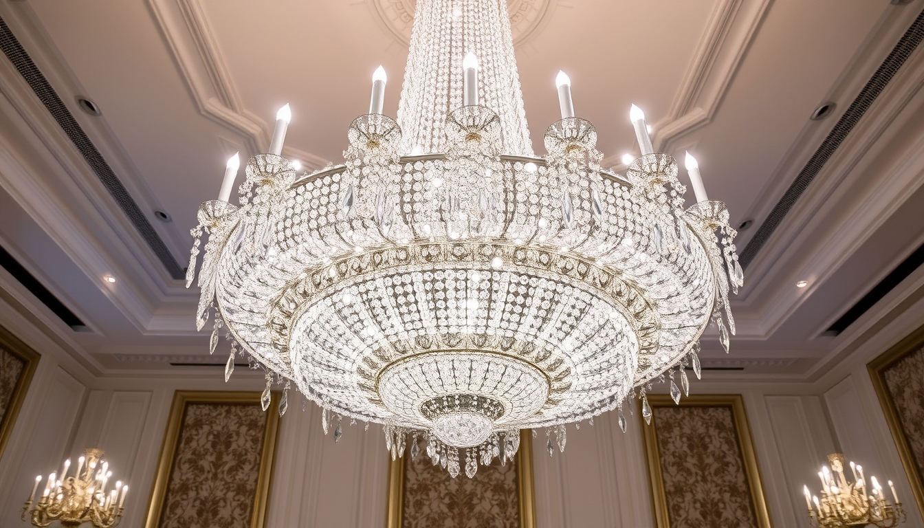 A stunning chandelier made of thousands of tiny glass crystals in a grand ballroom.