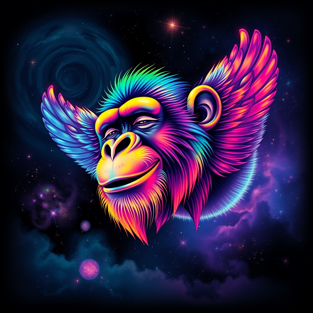 A captivating digital painting of a happy ape soaring through a dreamy, cosmic landscape. The ape sports a vibrant rainbow color palette, with flashes of color interspersed throughout the scene. The background features a starry cosmos with swirling galaxies and nebulas. The ape's eyes are closed, exuding a serene expression, while its serene smile is a testament to its peaceful state. The glitchy edges, fading to black, add a unique and striking touch to the design. The subtle acid rainbow cubic glitch effect adds depth and visual intrigue to this mesmerizing, dreamy tee shirt design.