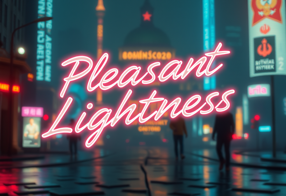 "The text 'Pleasant Lightness' is written in a flowing style, and in the background, a Soviet cyberpunk can be seen." - Image