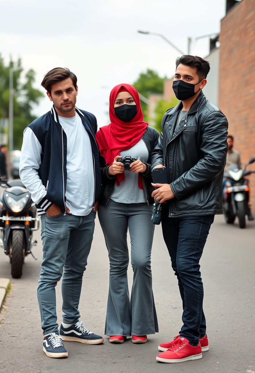 Jamie Dornan and Freddie Prinze, head and body shot, handsome, young, serious face, dark brown hair, white T-shirt, college jacket, skinny jeans, sneakers, standing, discussing with two guys and a short, slim Muslim girl wearing a red hijab, beautiful eyes, black face mask, black leather jacket, gray long T-shirt, bell-bottom cutting jeans, red sneakers, holding a Canon DSLR camera, near a town road, superbike, hyper-realistic, street photography, brick wall, full body photo, five other random American friends smiling in the background.