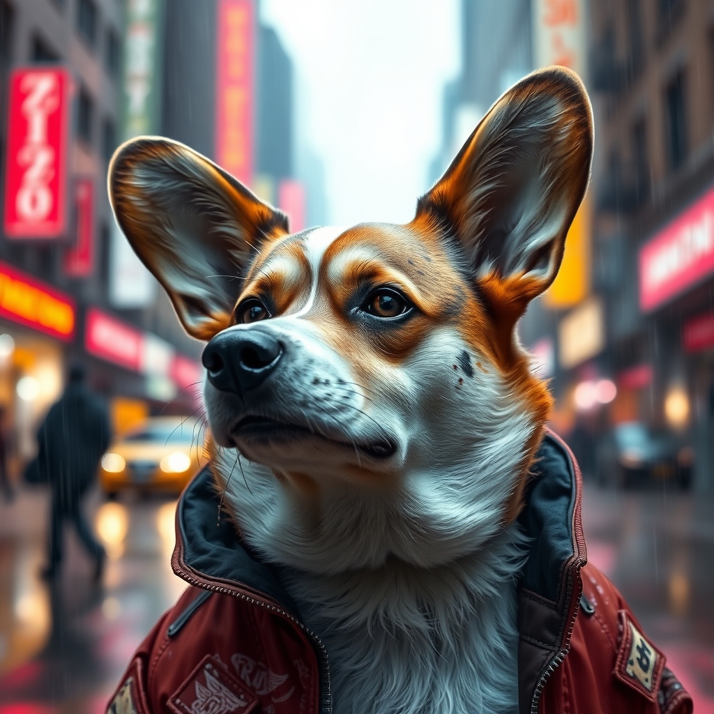 An adult corgi stands in a cyberpunk city, in the rain. He's wearing a cyberpunk style jacket. The corgi has an augmentation on his right eye and a lot of scars. Cyberpunk implants are visible on the corgi. A masterpiece, maximum detail, cinematography.