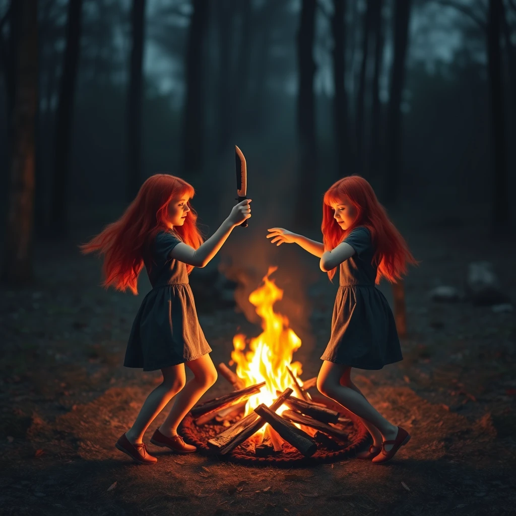 3 red-haired girls, dancing around a campfire, holding a blurry knife in their hands, full body shot, realistic photo.