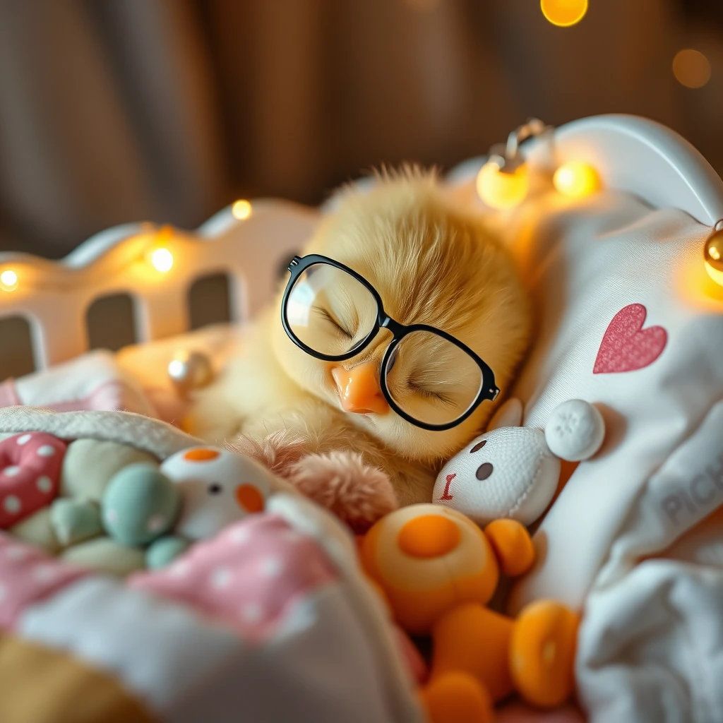 It's night. A sweet little newborn chick, delicate and cute Kawaii, is wearing glasses, resting its head on the pillow, deeply asleep in its precious little bed with tiny jingle bells, soft colored lights, childish details that have the name PICHONCITA written on it, with a patchwork blanket hugging its cute stuffed toys. Photograph.