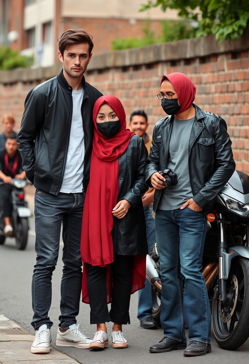 Jamie Dornan and Freddie Prinze, head and body shot, handsome, young, serious face, dark brown hair, white T-shirt, collage jacket, skinny jeans, sneakers, standing, discussing with two guys alongside a short red hijab-wearing Muslim girl, beautiful eyes, black face mask, black leather jacket, grey long T-shirt, bell bottom jeans, holding a Canon DSLR camera, near the town road, superbike, hyper-realistic, street photography, brick wall, full body photo, five other random smiling friends in the background.