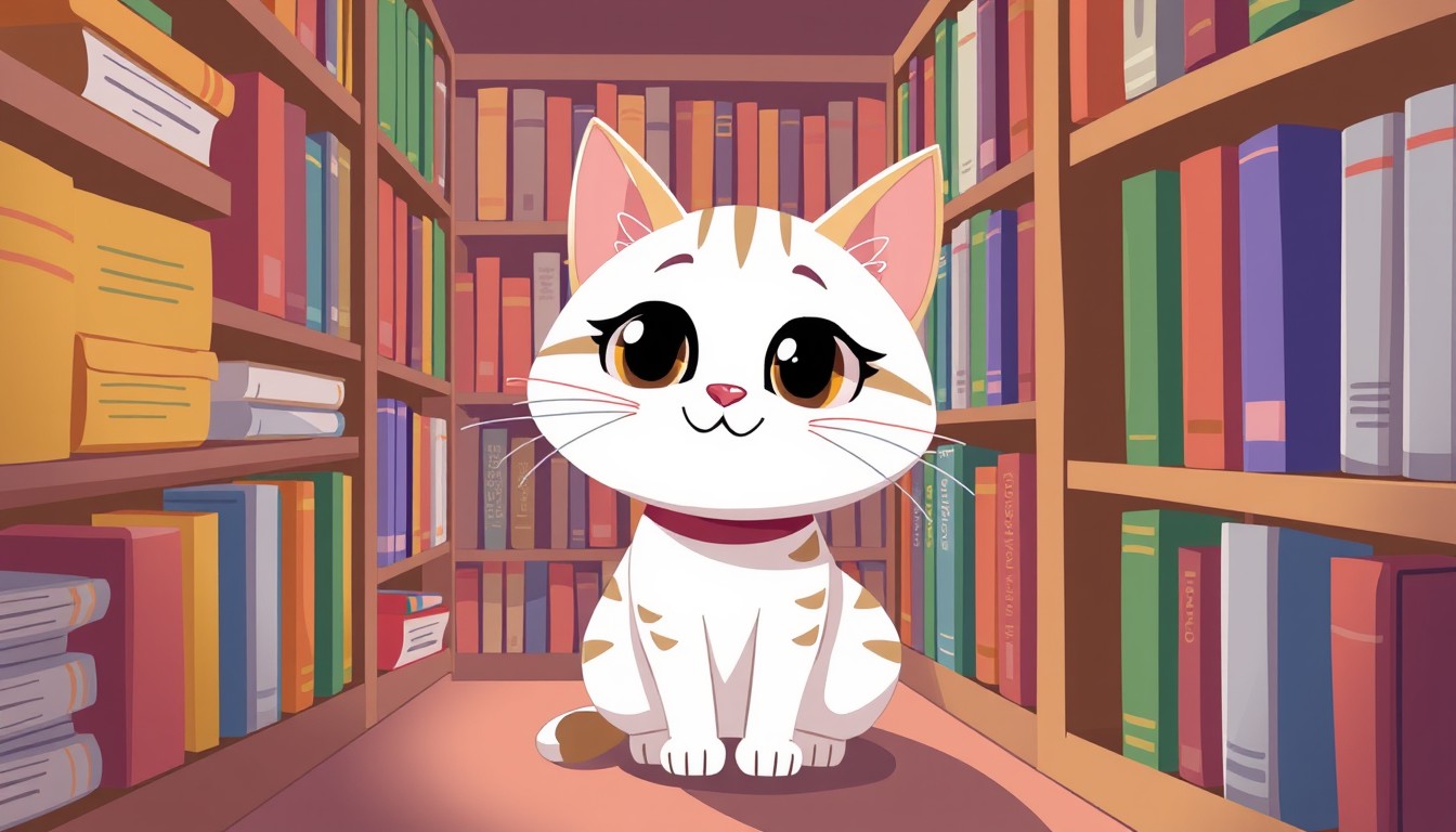 Digital illustration of a cat in a lit library. - Image