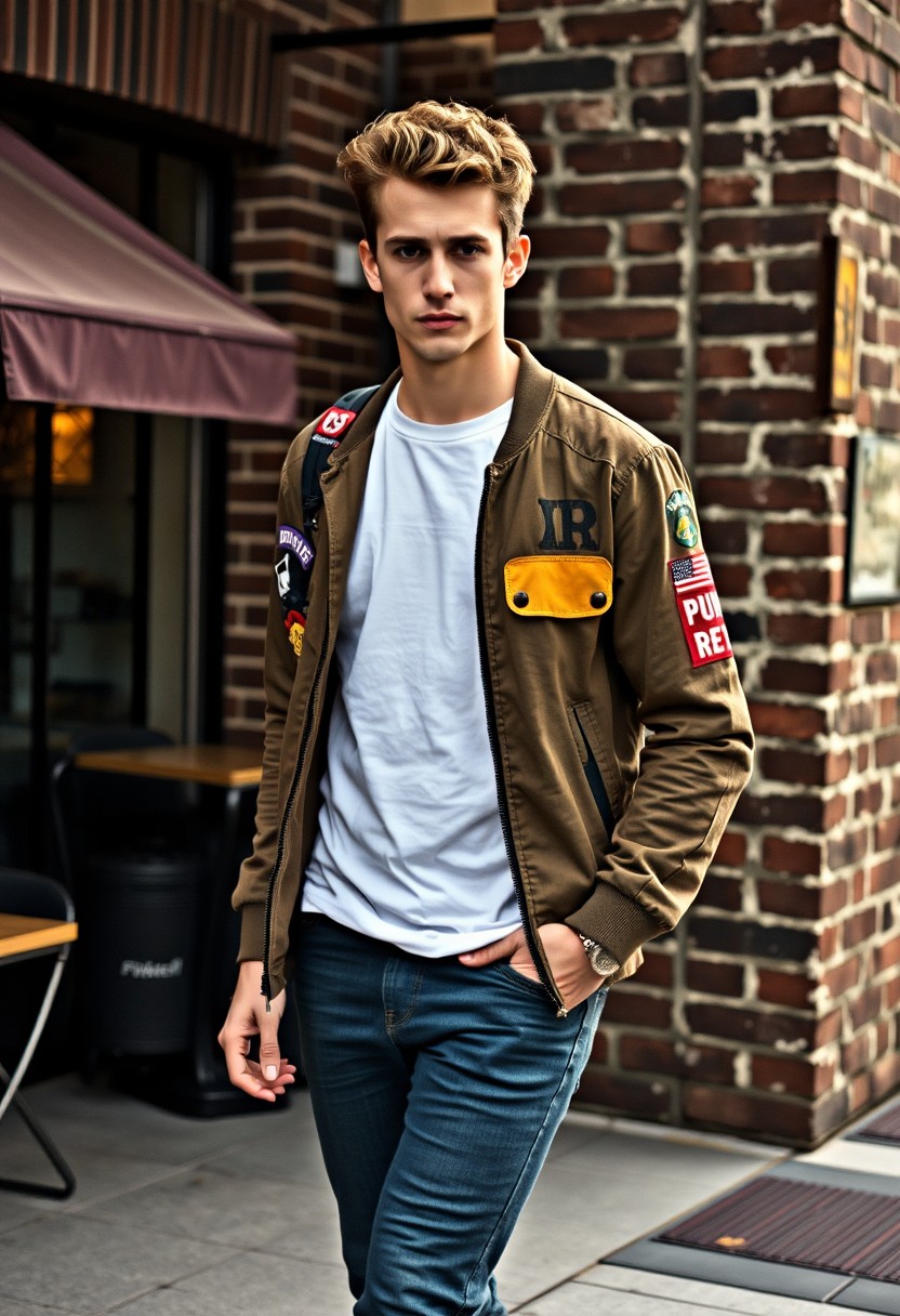 Freddie Prinze head and body shot, handsome, young, serious face, white T-shirt, collage jacket, skinny jeans, sneakers, walking with style, near a café, hyper-realistic, street photography, brick wall, full body photo, morning scenery. - Image