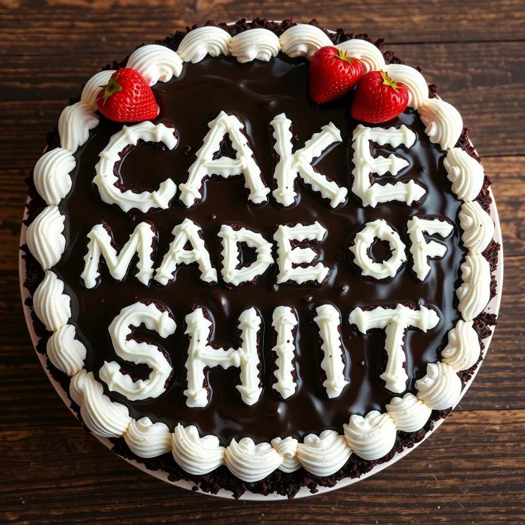 'black forest gateau cake spelling out the words “CAKE MADE OF SHIT”, tasty, food photography, dynamic shot' - Image