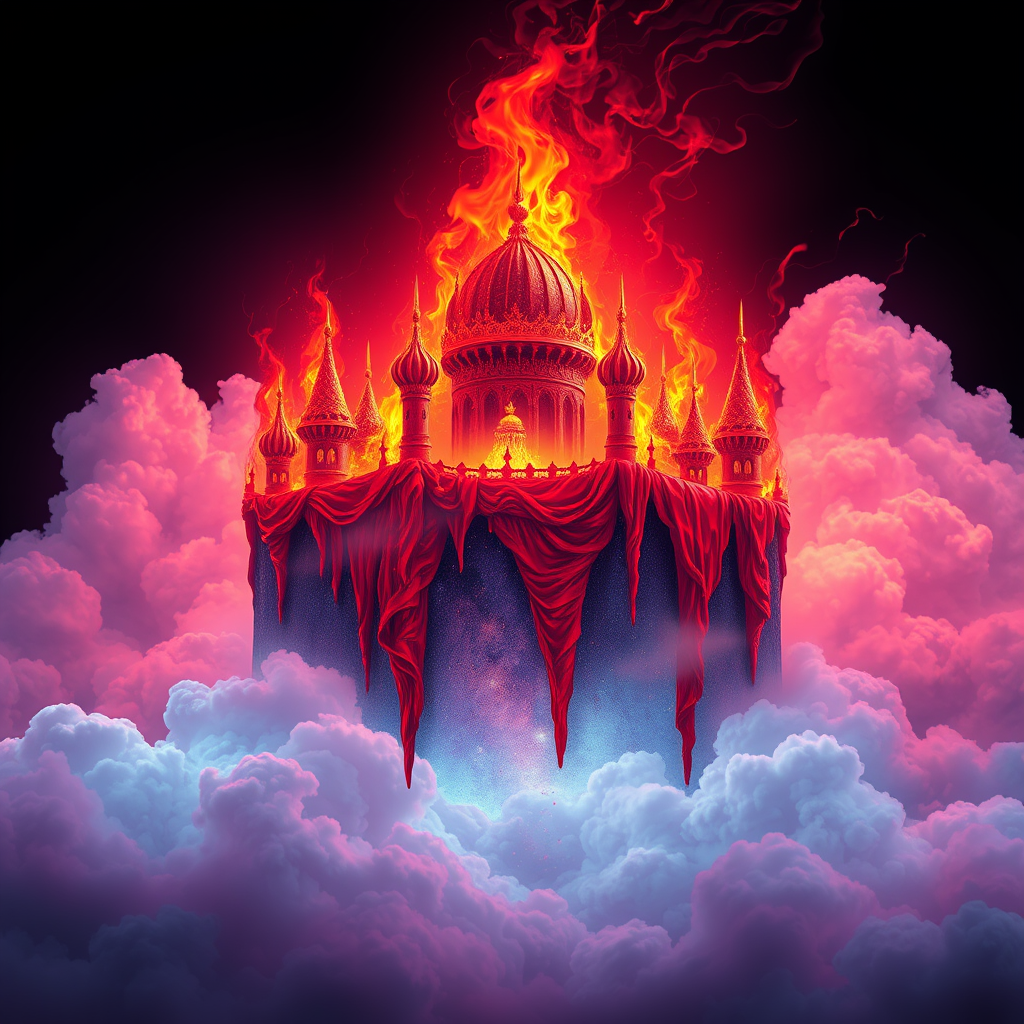 A tee shirt design of a beautiful ruby red kingdom in the clouds on fire with beautiful liquid red ruby dripping with flames. The kingdom has subtle rainbow light embers burning inside. Inside of the kingdom should be reminiscent of beautiful galaxies perfectly blended with chaos. Striking and otherworldly on a transparent background, the flames should have an outline of a beautiful blue ethereal glow. - Image