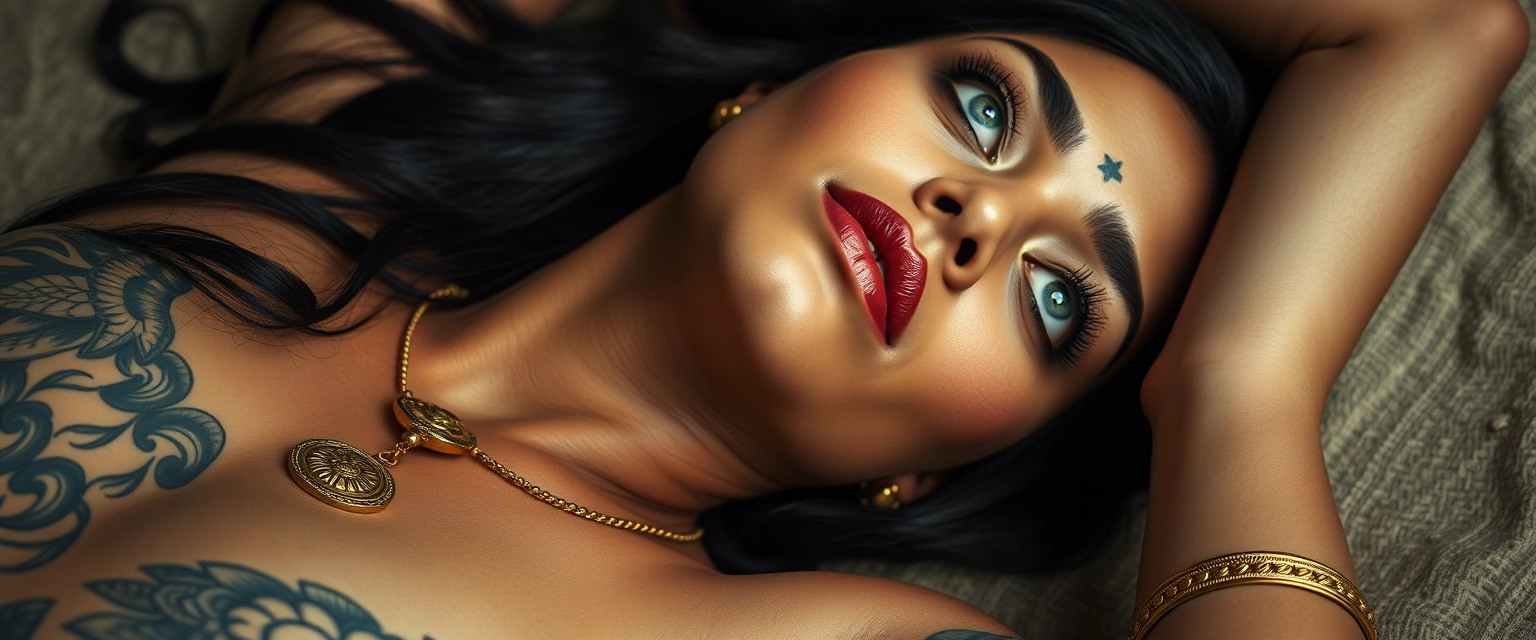 Close-up shot of the tattooed body of a light-skinned Indian-Korean woman with beautiful facial features, a prominent jaw, and blue eyes, wearing gold ornaments, looking upwards while lying down sideways. - Image