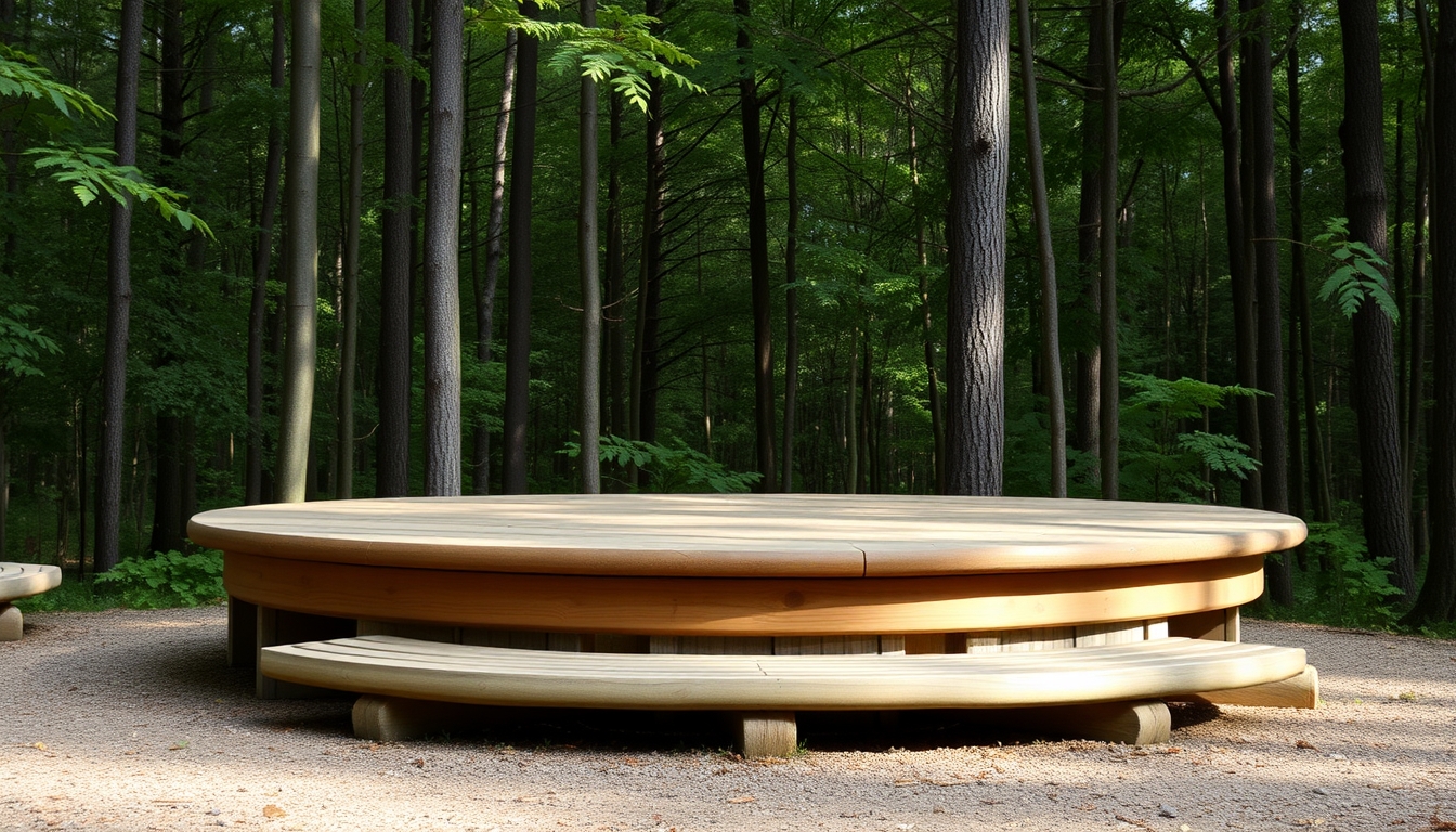 Wooden Round Platform in a Forest Setting - Image