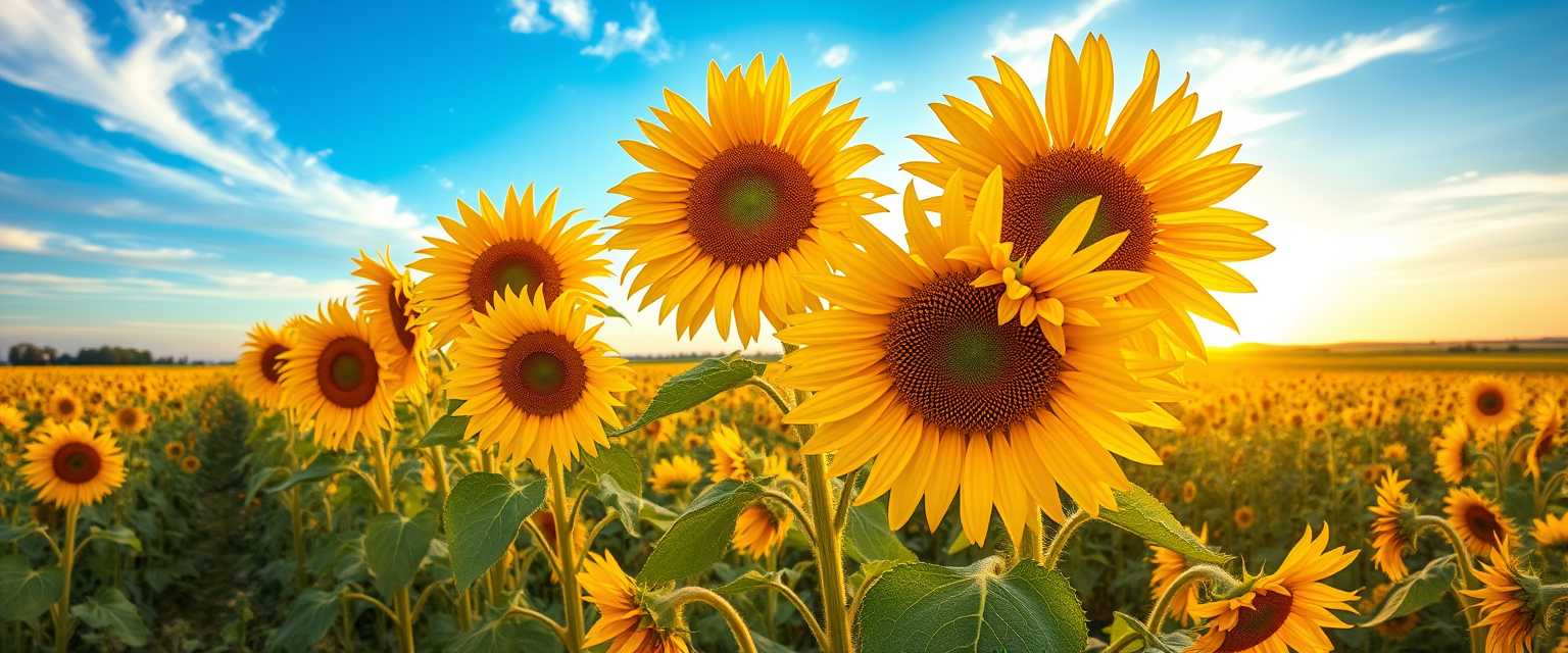 Vibrant, sunflower fields, golden blooms, high quality, photorealistic, summer, cheerful, idyllic, rural, panoramic, breathtaking, blue skies, windblown fields, sunset, floral arrangements.