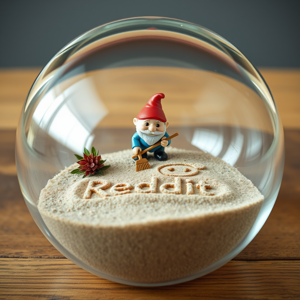 A close up view of a glass sphere that has a zen garden within it. There is a small dwarf in the sphere who is raking the zen garden and creating a Reddit logo in the sand. - Image