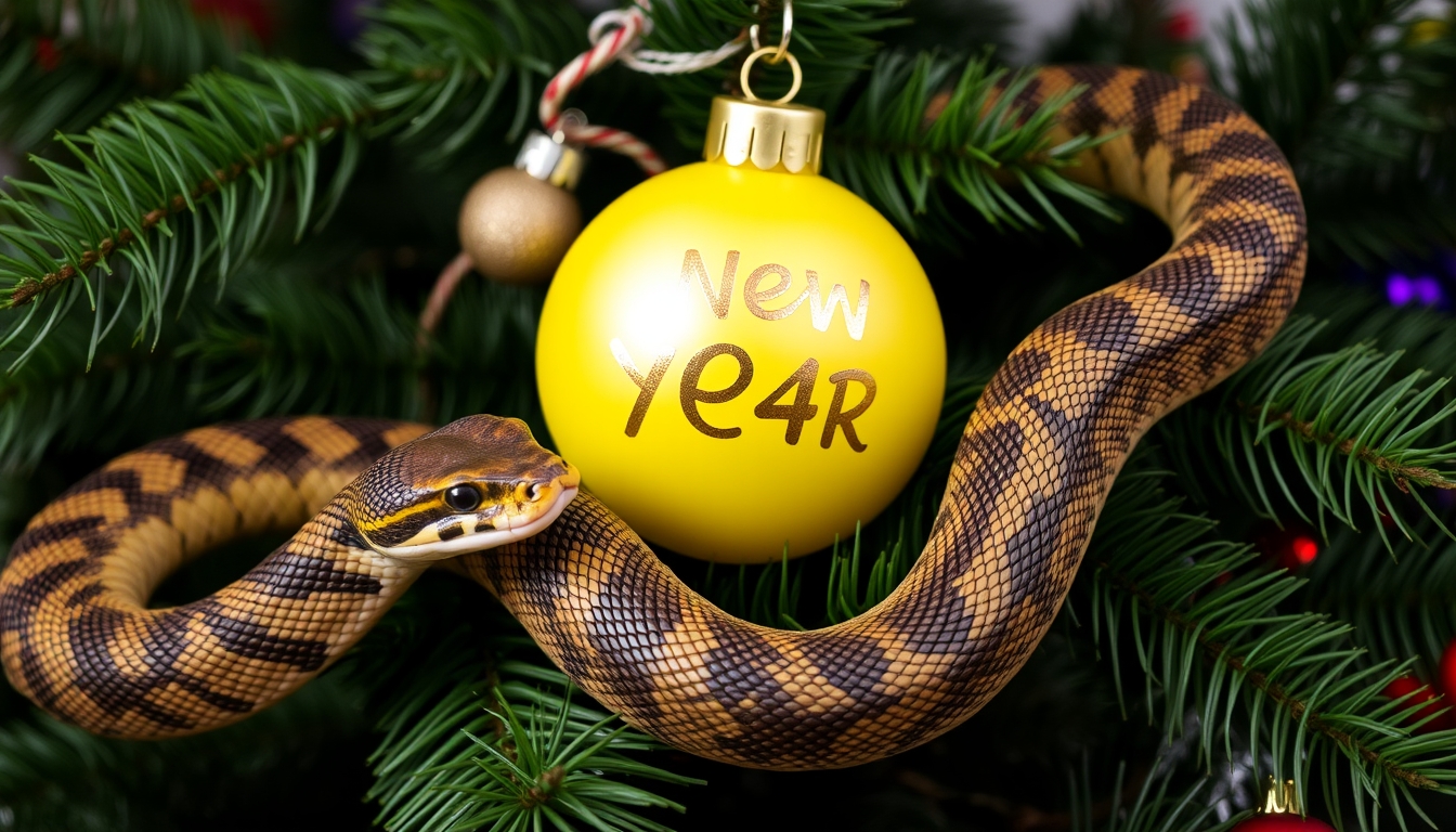 A snake and a yellow New Year's ball together with green branches of a Christmas tree.