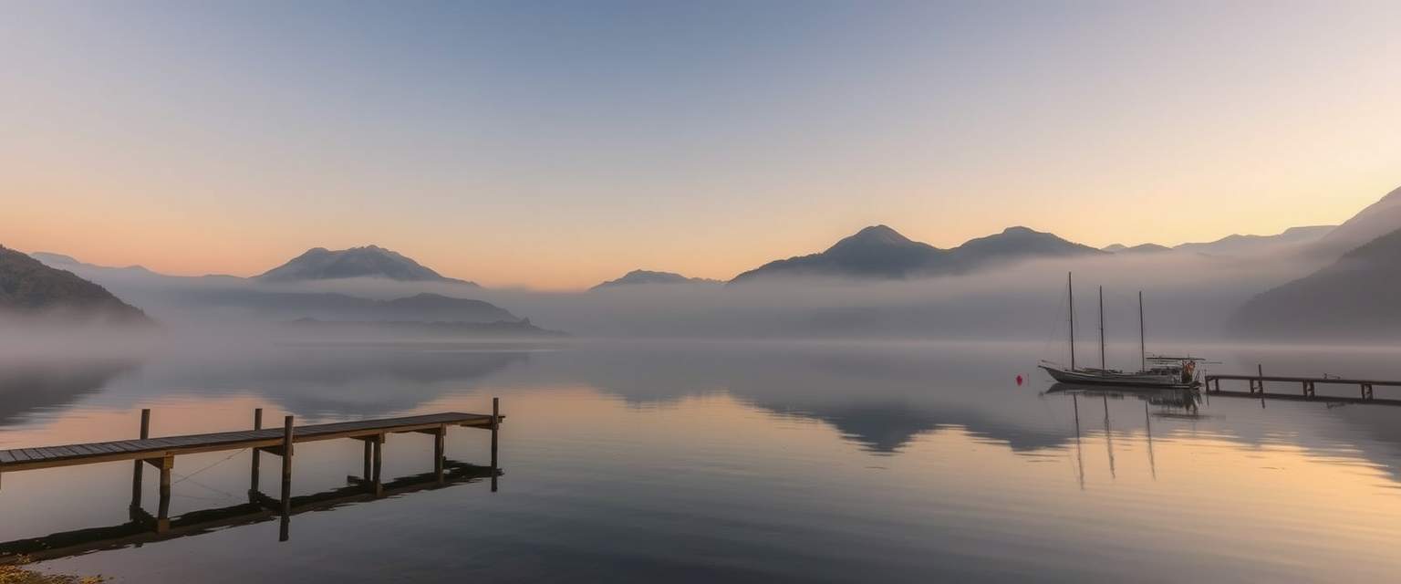 Tranquil, misty lake, surrounded by mountains, serene, high quality, photorealistic, reflection, peaceful, morning fog, autumn colors, wooden pier, fishing boats, sunrise, sunset, misty mountains.