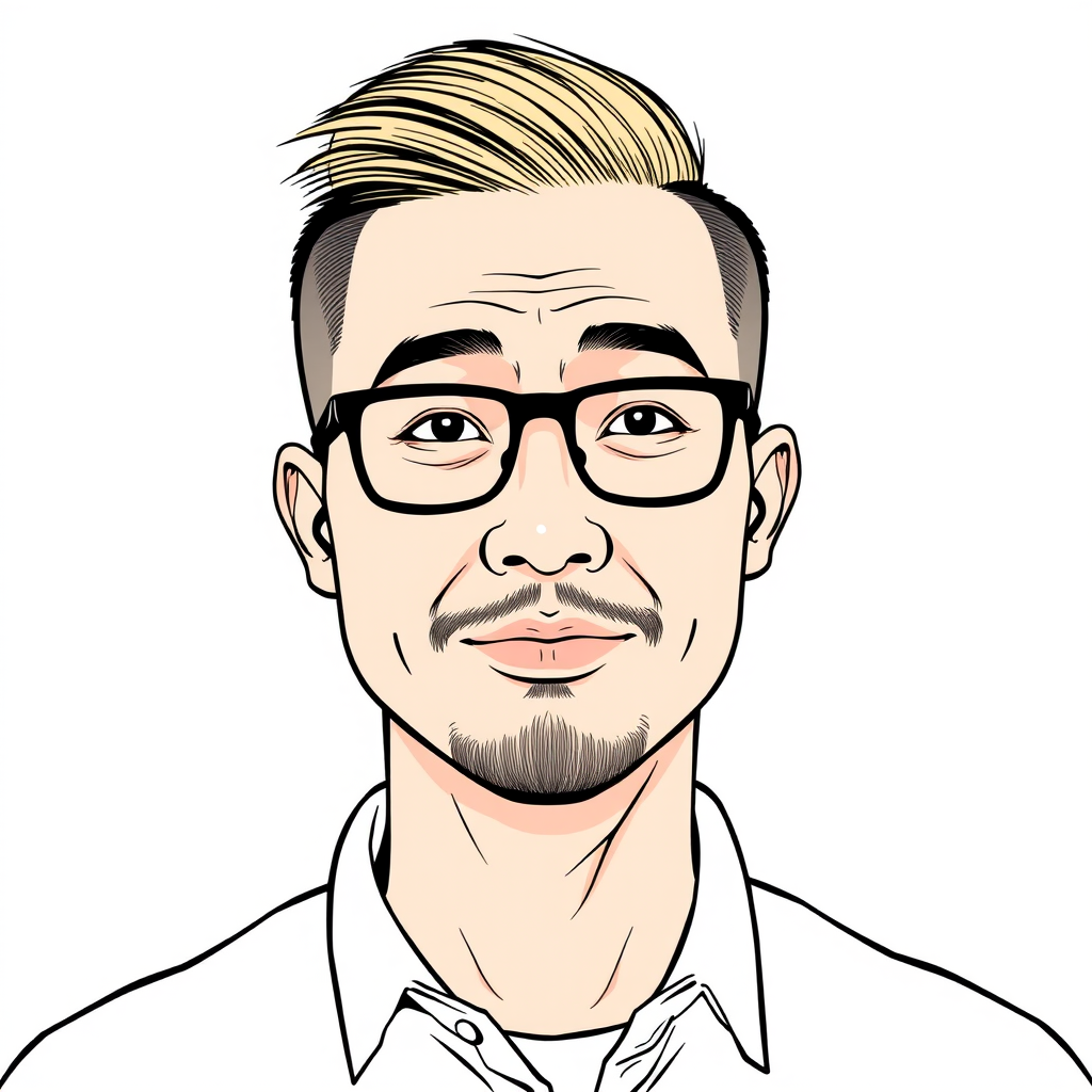 A cool line drawing of a 35-year-old man’s head, with a crew cut, Asian descent, wearing black-rimmed glasses for nearsightedness, a slightly short beard on his chin, a shirt, a round face, clean and fresh skin, and a slightly overweight body.