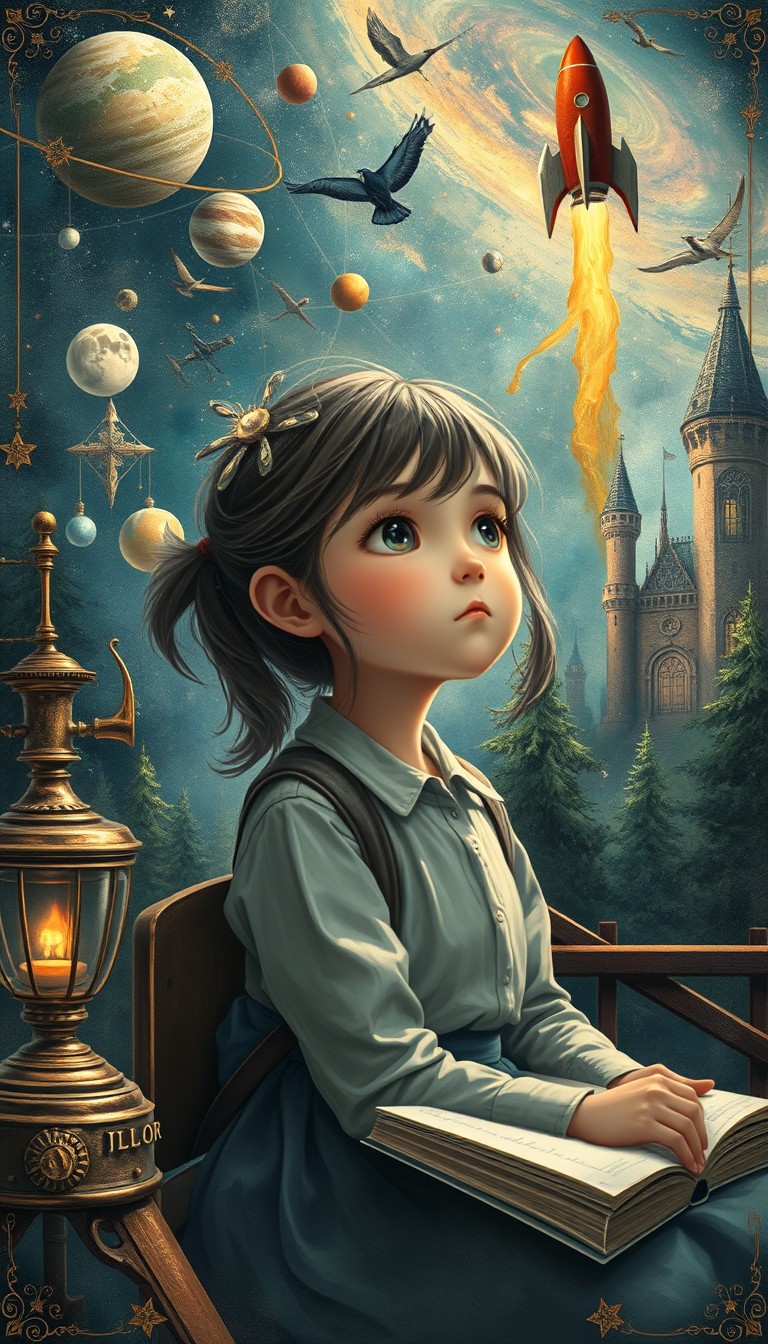 poster, Children's Illustration Style, a young girl is daydreaming at school, imagining all sorts of magical things that are forgotten by the adult mind, Universe, Rocket, Scientific instruments, Castle, Forest, intricate ornate anime cgi style, realistic fantasy render, cgsociety and fenghua zhong, painted todd lockwood, paper art. neo-impressionism expressionist style oil painting, smooth post-impressionist impasto acrylic painting, thick layers of colourful textured paint. linquivera, liiv1, cinematic photo, 4k, highly detailed. - Image