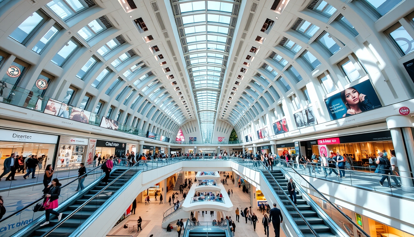 A futuristic shopping mall with glass ceilings and escalators, filled with shoppers.