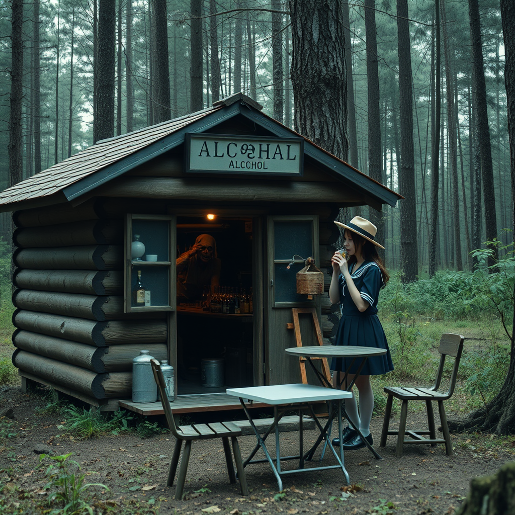 Real-life photography, wide shot: In the forest, there is a wooden cabin selling alcohol, and a dressed zombie comes to buy some. Next to the cabin, there are one table and two chairs, with a zombie wearing a hat sitting and drinking. A Japanese female student wearing a school uniform skirt is selling the alcohol. - Image