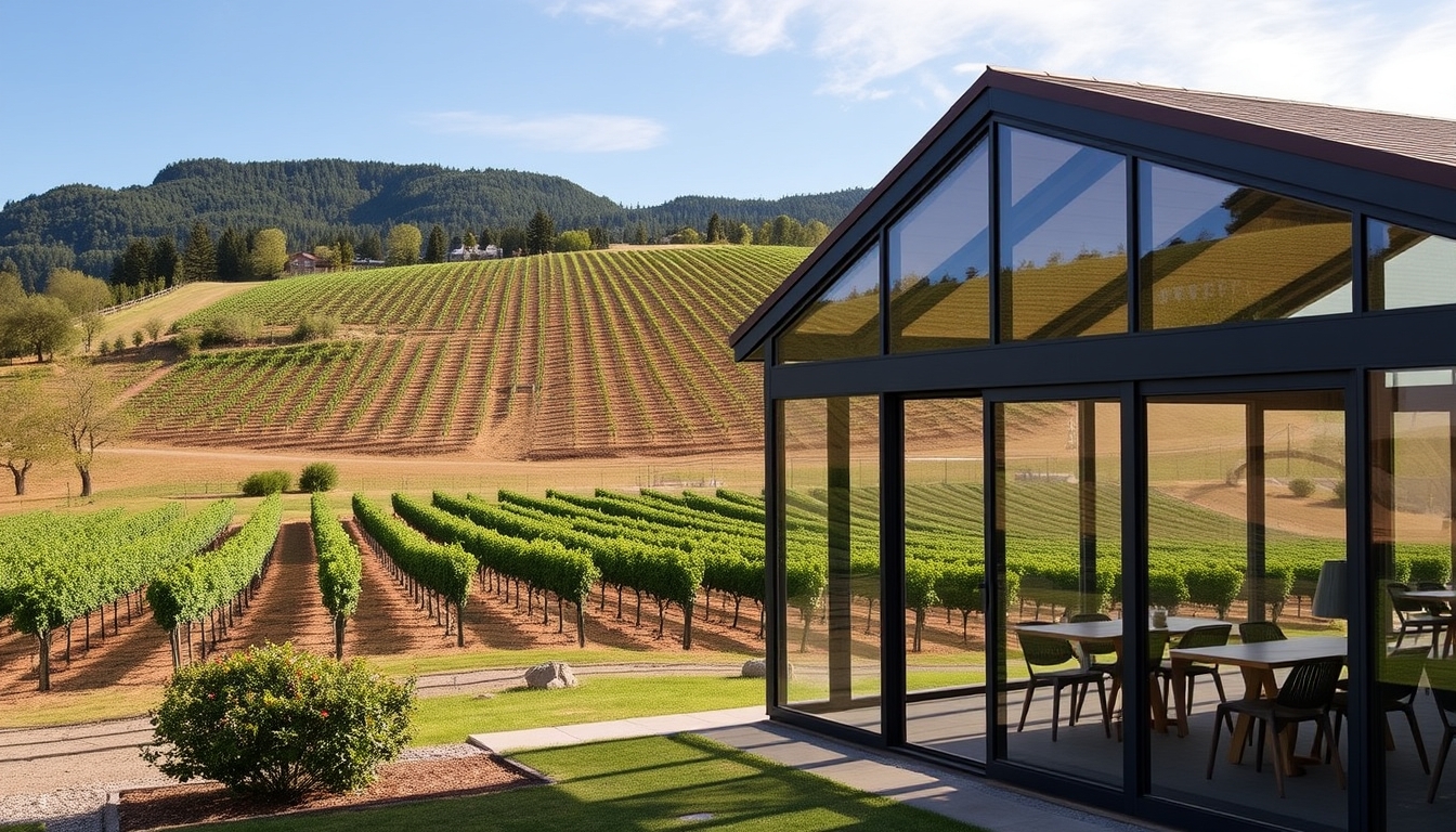 A picturesque vineyard with a glass-walled tasting room overlooking the grapevines.