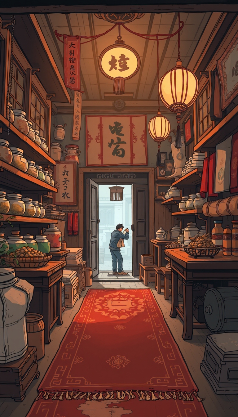 A rescue scene inside an ancient Chinese shop. The shop is filled with traditional goods like herbs, fabrics, and antiques. Wooden shelves display jars of herbs and bolts of fabric, and a simple carpet covers the floor. Ancient decorations hang on the walls. The scene is in 8K resolution, flat comic sketch style, with warm tones to capture the atmosphere of the ancient shop and the urgency of the situation, depicted in 8K resolution with a flat comic sketch style, graphic novel aesthetic, 2D effects, and drab painting style, emphasizing.