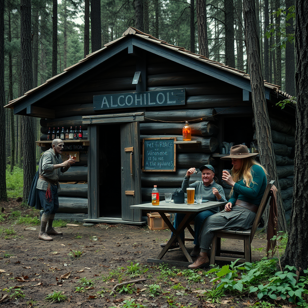 Real-life photography, wide shot: In the forest, there is a wooden cabin selling alcohol, and a dressed zombie comes to buy some. Next to the cabin, there are one table and two chairs, with a zombie wearing a hat sitting and drinking. A female barbarian is selling the alcohol.