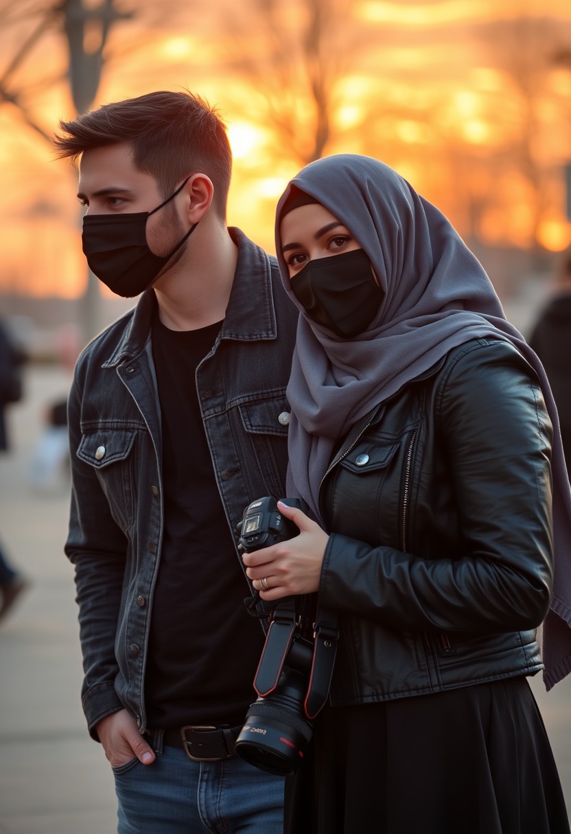 Jamie Dornan's head and body shot, handsome, black face mask, jeans jacket, jeans, dating, love couple, with the biggest grey hijab Muslim girl, black face mask, beautiful eyes, black leather jacket, biggest skirt, holding a Canon DSLR camera, sunset, hyper-realistic, street photography. - Image