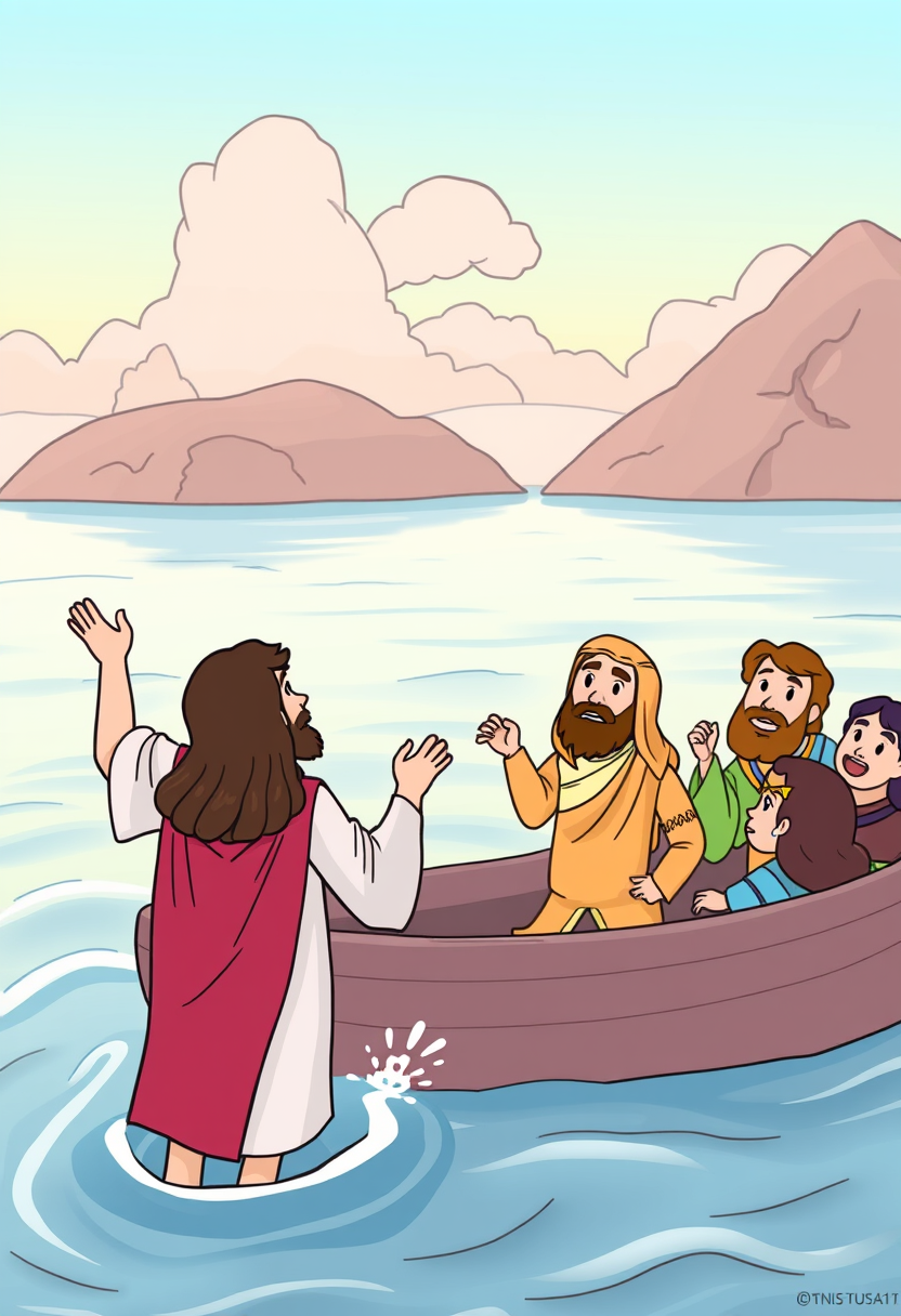 Depict Jesus walking calmly on water, with surprised disciples in a boat witnessing the miracle. Cartoon style, thick lines, low details, no shading. - Image