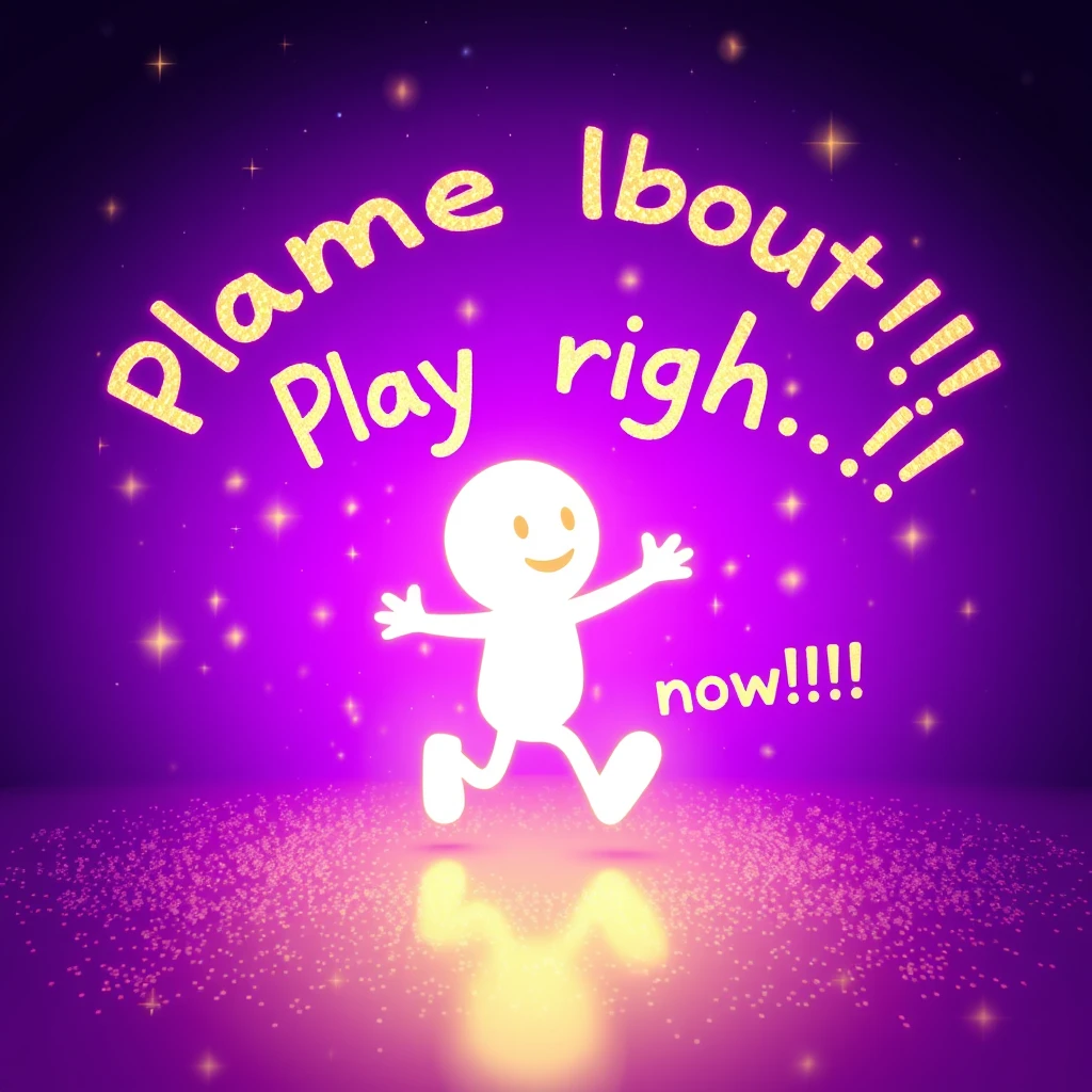 "Game about a running little person! Play right now!!!!!!" Magic words on purple background, many glitters, warm lighting.