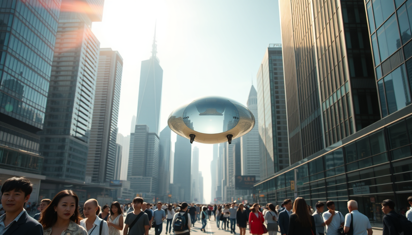 Create a stunning high-resolution image of a futuristic city. The skyline should be covered with towering skyscrapers. Include a light-colored elliptical balloon-type robot hurtling through the air with tiny black balancers on either side of the balloon. The streets should be bustling with people, Asian faces, people wearing fashion-forward fashions. Highlight the small balloon-type robot, performing its rounds in the sky, and the beautiful sunlight reflecting on the glass surfaces of the buildings, creating an atmosphere of excitement and innovation. Very sharp and realistic details, 32K. - Image