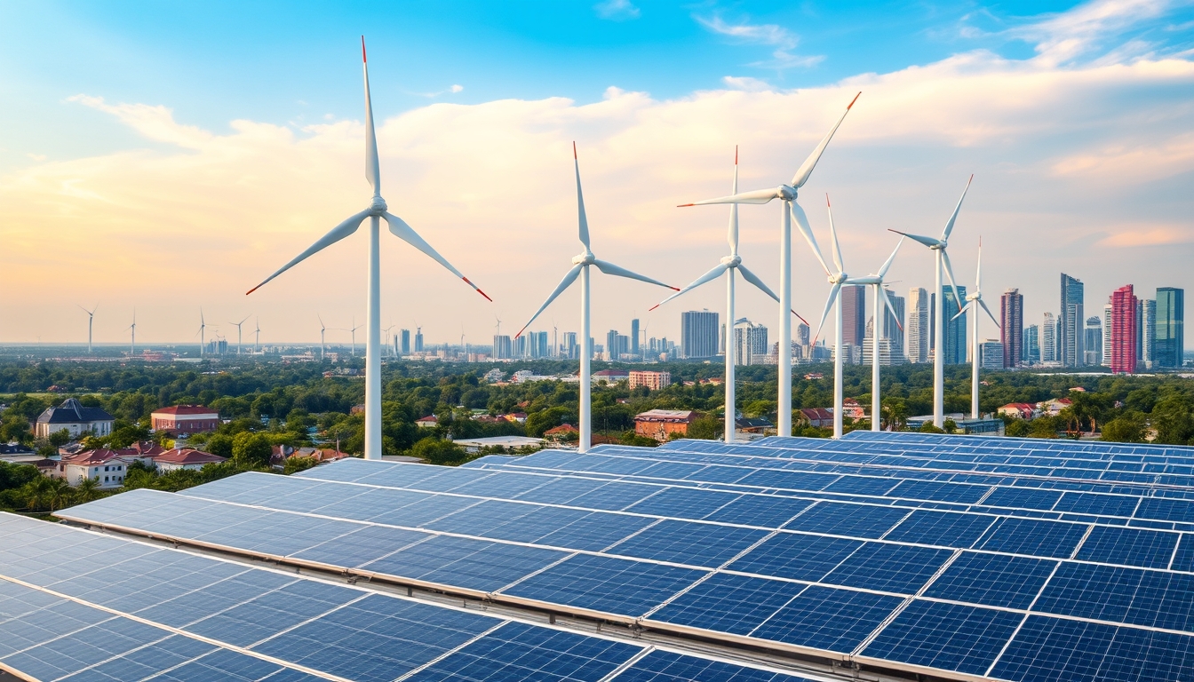 Wind turbines and solar panels in a modern city, representing renewable energy.