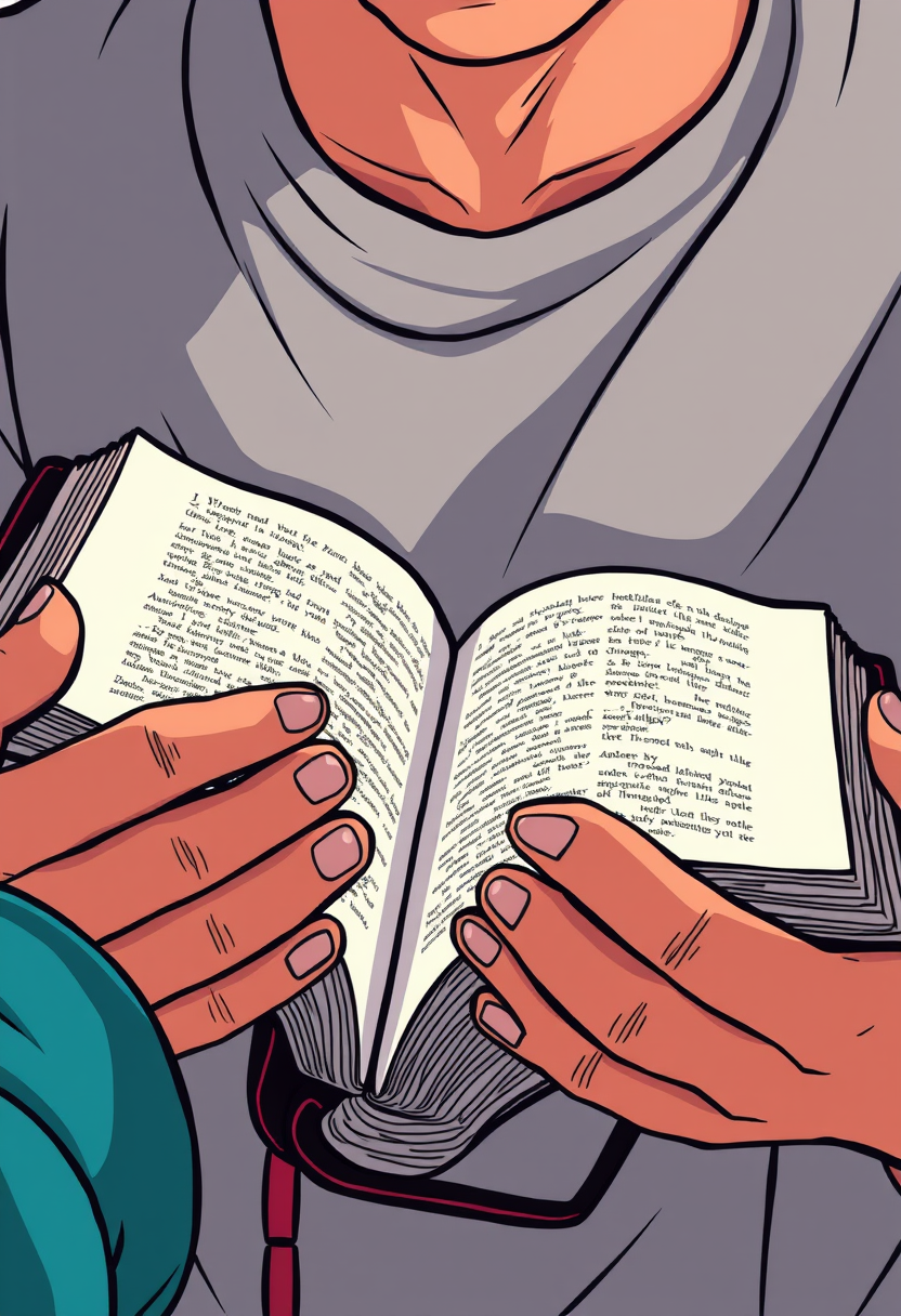 Depict a close-up of a person's hands holding an open Bible, with light shining on the pages. Cartoon style, thick lines, low details, no shading. - Image