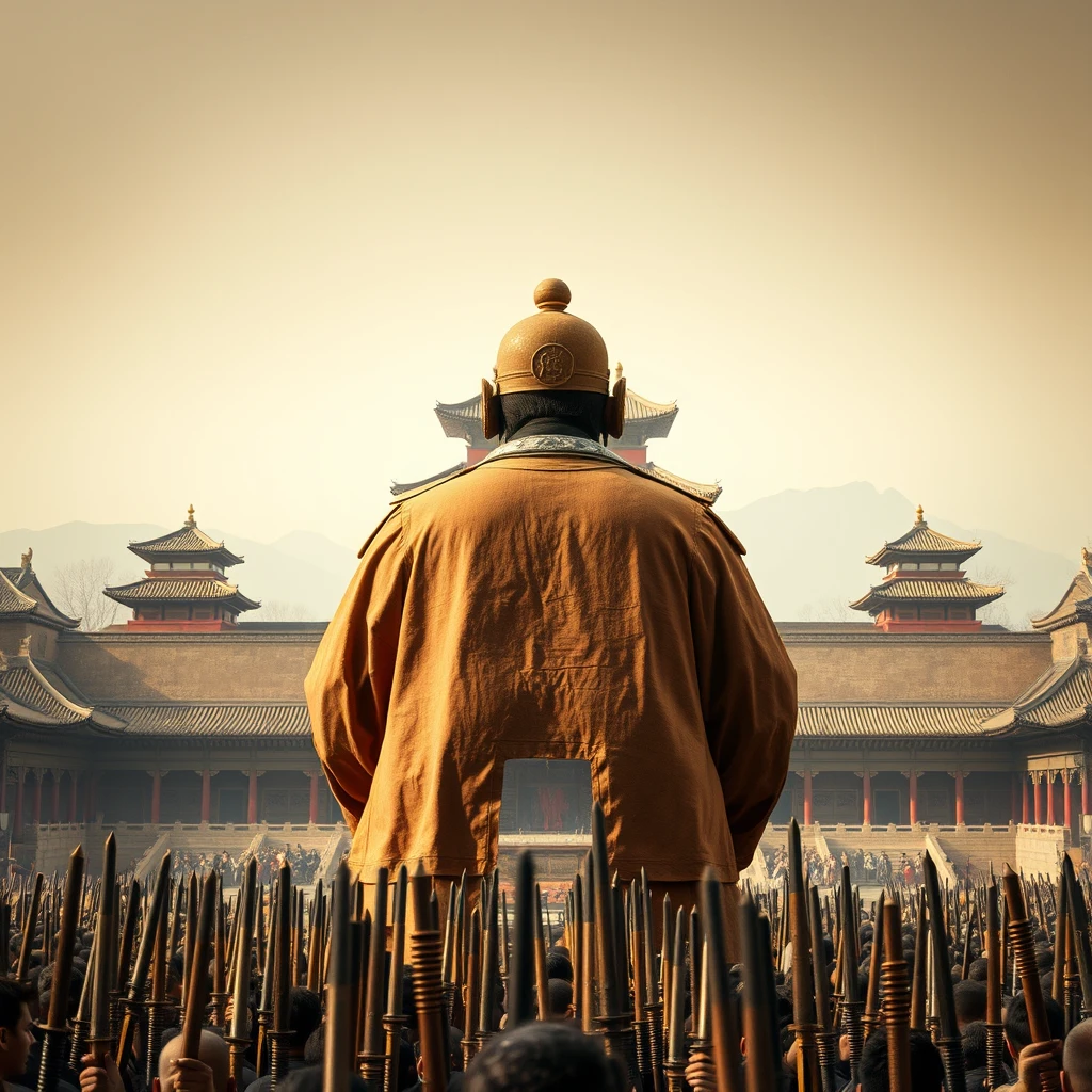 "Emperor Qin Shi Huang's back is turned to the camera, with an ancient palace in the background. Below, there are a large number of people densely packed facing the camera, lined up with weapons."