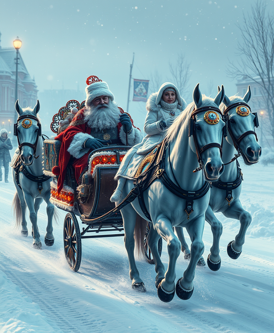 An exciting cyberpunk scene where a Russian Snow Grandfather and a charming Snow Maiden ride in a festive carriage drawn by three Russian horses.