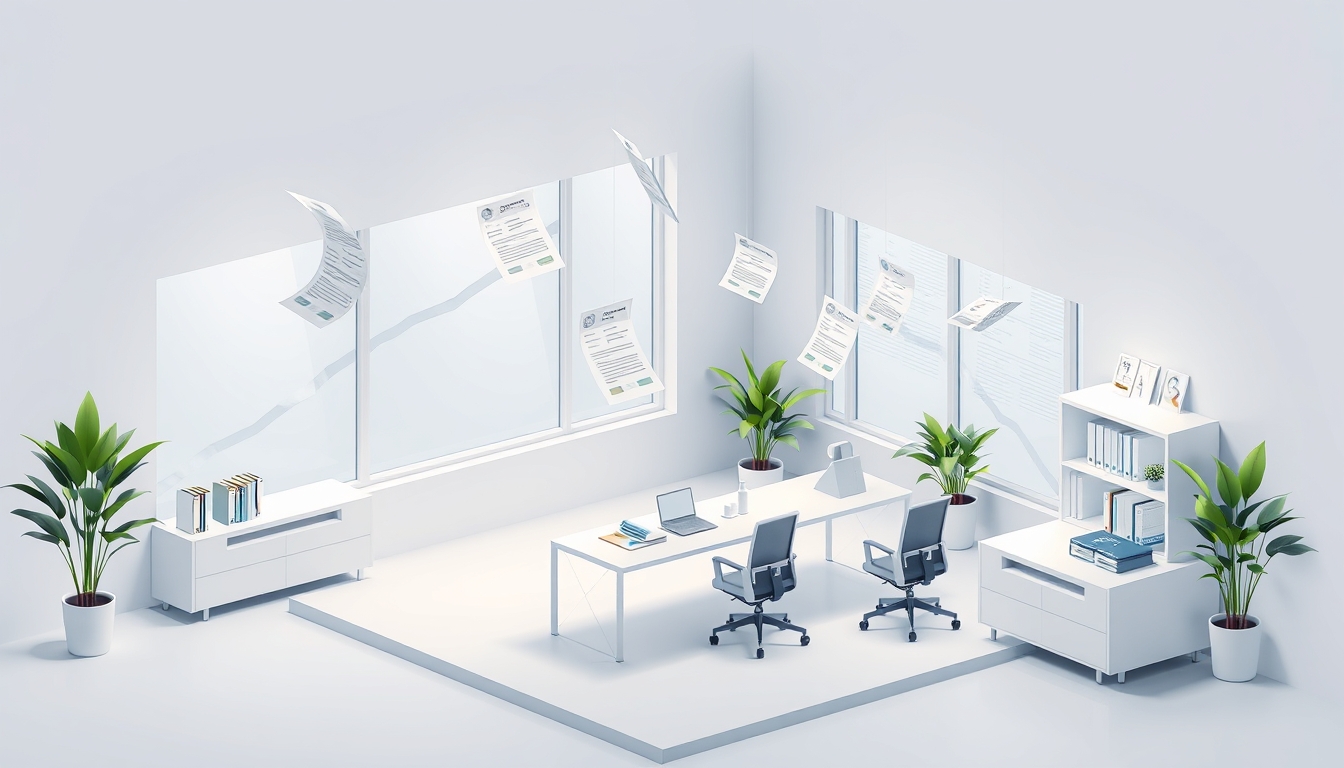 Modern Isometric Office Space with Floating Financial Documents in Soft Tones