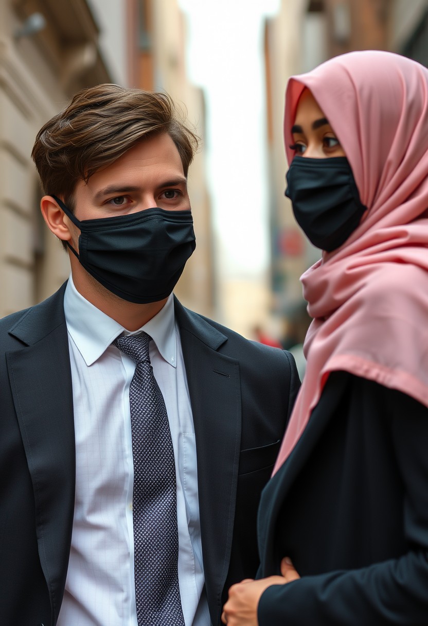 Jamie Dornan's head and body shot, handsome, young, black face mask, white shirt half-buttoned, grey patterned tie, black coat suit, dating a girl with the biggest soft pink hijab, beautiful eyes, black face mask, the biggest floral juba, hyper-realistic, street photography.