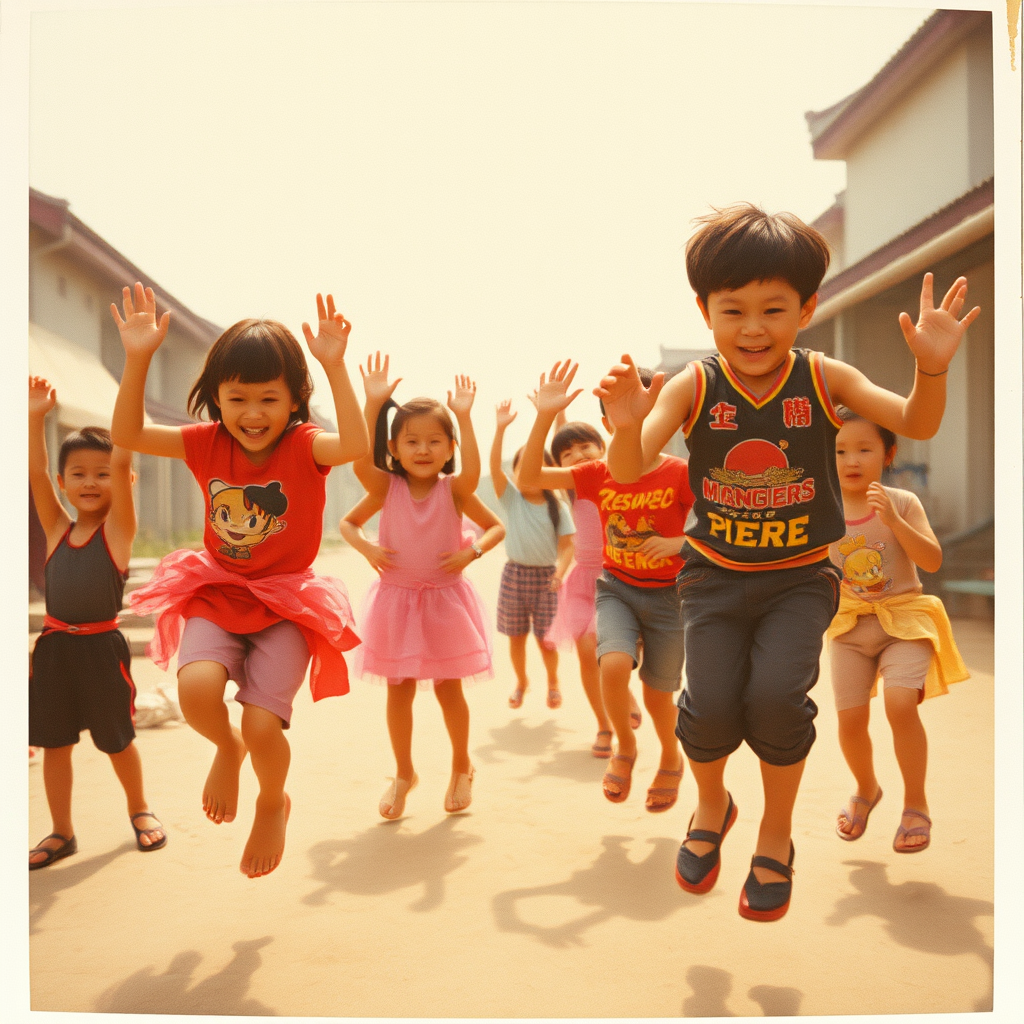 China in the 1980s. Children playing multiplayer jumping games. Summer. Ultra-detailed portrait. Grainy film with light leaks. Polaroid photo with slightly peeling edges.