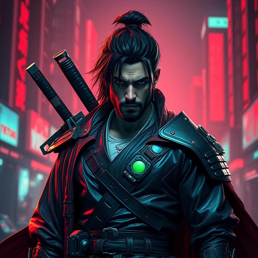 Cyber Samurai style of male warrior with rugged black hair and cybernetic implants | merging leather garments with futuristic cyberpunk elements | flowing robes and high-tech armor plating | dystopian cityscape background | in deep red and neon green. hyper-real, 8k, ar