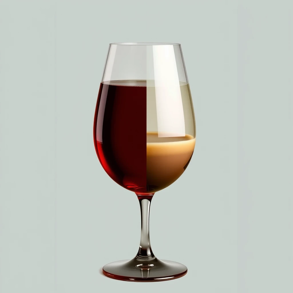 A tall red wine glass, with tea on the left half and coffee on the right half. - Image