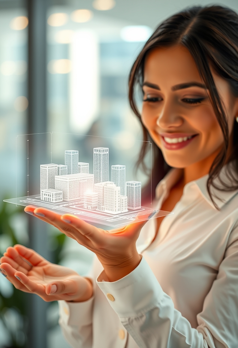 A Real Estate Agent Holding a Hologram with a City Model on the Screen - Image