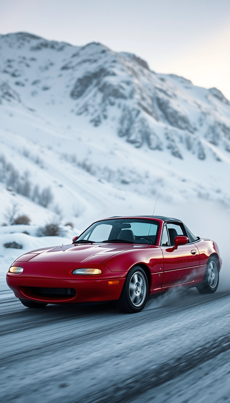 Create an image of a red 1991 Mazda MX-5 drifting on a snowy mountain.