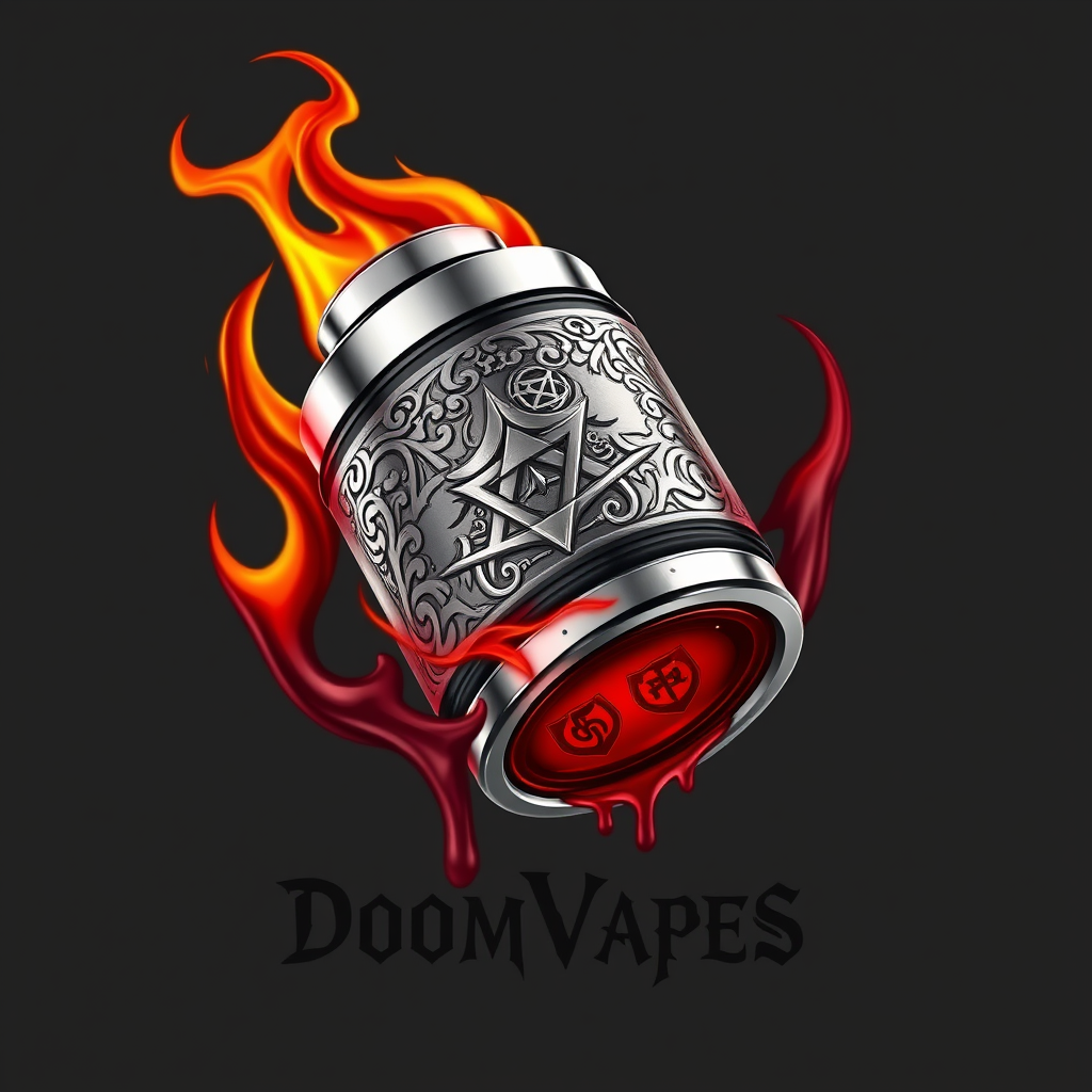 Hyper-realistic logo design for DoomVapes: Intricately detailed metallic vape tank, engraved with infernal motifs. Hellfire wisps curl around the device. Blood-red liquid seeps through cracks. Chthonic symbols etched on sleek surface.