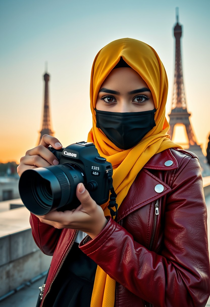 Biggest hijab yellow Muslim girl, beautiful eyes, face mask black, red leather jacket, black biggest skirt, holding DSLR camera CANON, sunrise, morning scenery, Eiffel Tower, hyper-realistic, street photography.