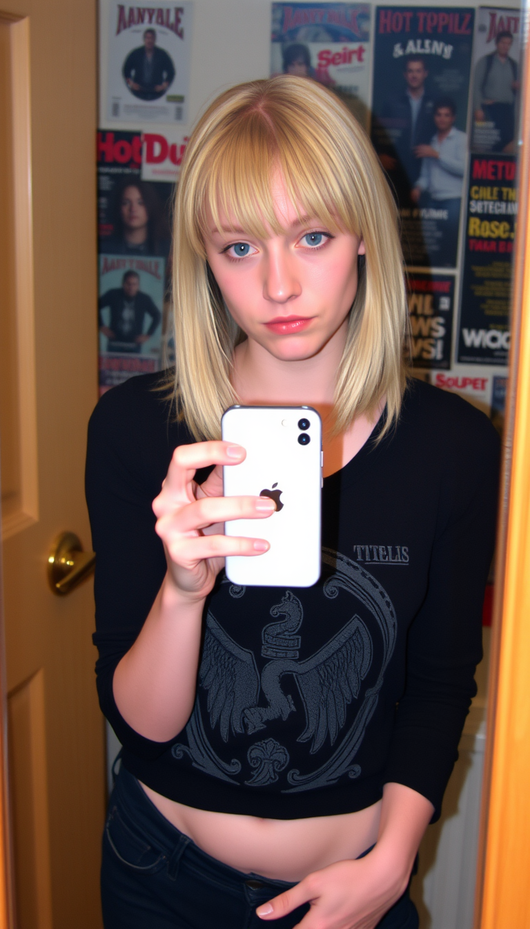 A college woman holding an iPhone is taking a selfie in a mirror. She has blonde shoulder-length hair with bangs, dimples on her cheeks, and looks melancholic. She is dressed in emo scene attire from Hot Topic circa 2003, and her hair is styled accordingly. She is standing in a shy manner. The background is blurred but appears to be her bedroom, with band posters and magazine clippings all over the walls.