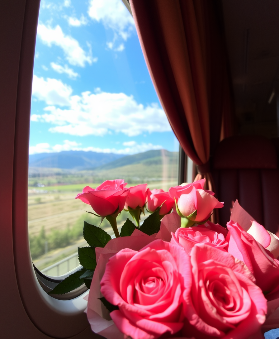 A bouquet of roses in a cozy compartment, a stunning view opens outside the train window.