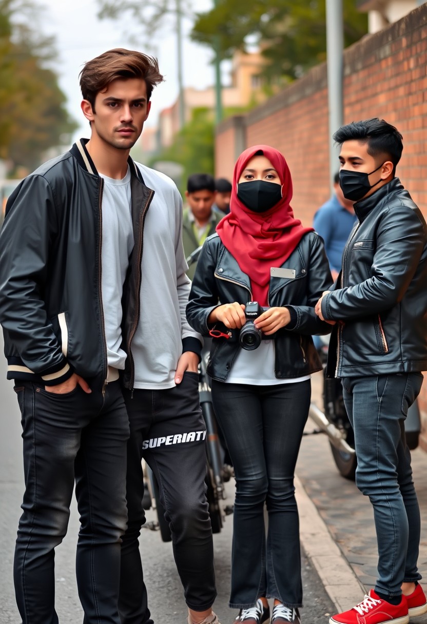 Jamie Dornan and Freddie Prinze, head and body shot, handsome, young, serious face, dark brown hair, white t-shirt, college jacket, skinny jeans, sneakers, standing, discussing with two guys and a young Muslim girl wearing a short red hijab, beautiful eyes, black face mask, black leather jacket, bell-bottom jeans, red sneakers, holding a Canon DSLR camera, near a town road, superbike, hyper-realistic, street photography, brick wall, full-body photo, three other random friends in the back. - Image