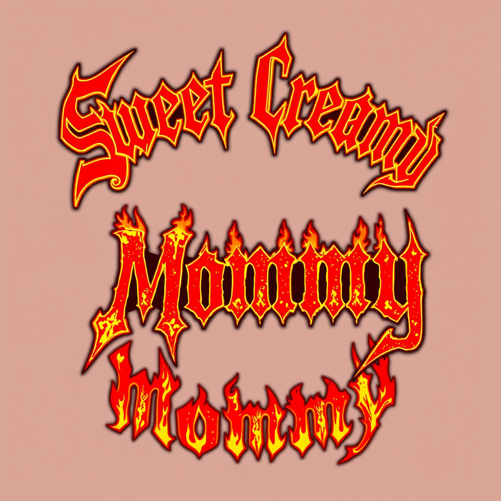 T-shirt design of a stylish death metal band logo for "Sweet Creamy Mommy" in red with fiery orange embers and chars around the lettering. - Image